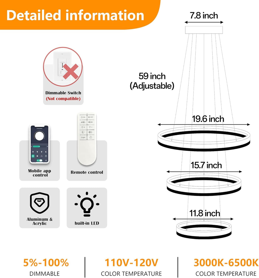 Modern Led Chandelier 3 Rings Black Pendant Lights Dimmable Chandeliers Color...