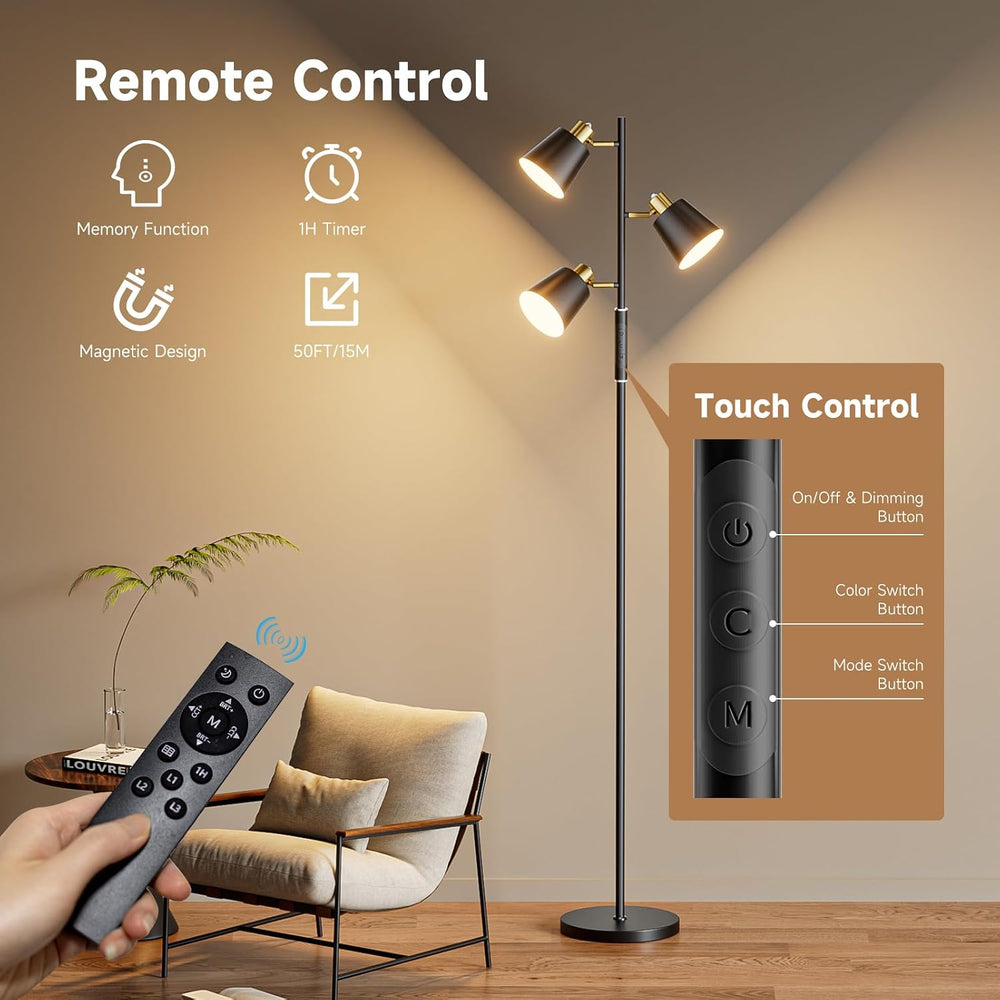 36W LED Tree Floor Lamp, 3 Rotatable Lights Standing Lamps for Living Room