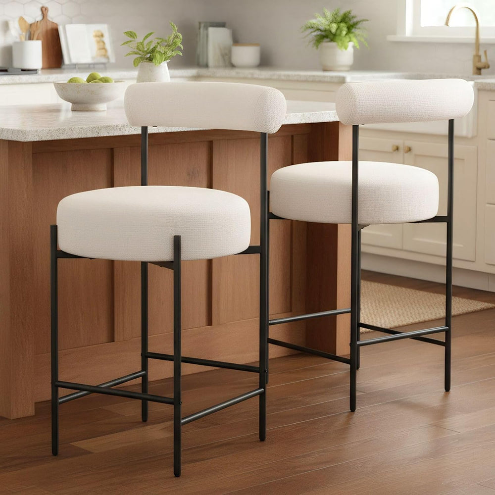 ROCITY Beige Modern Bar Stools Set of 2 Linen Upholstered Counter Stools with...