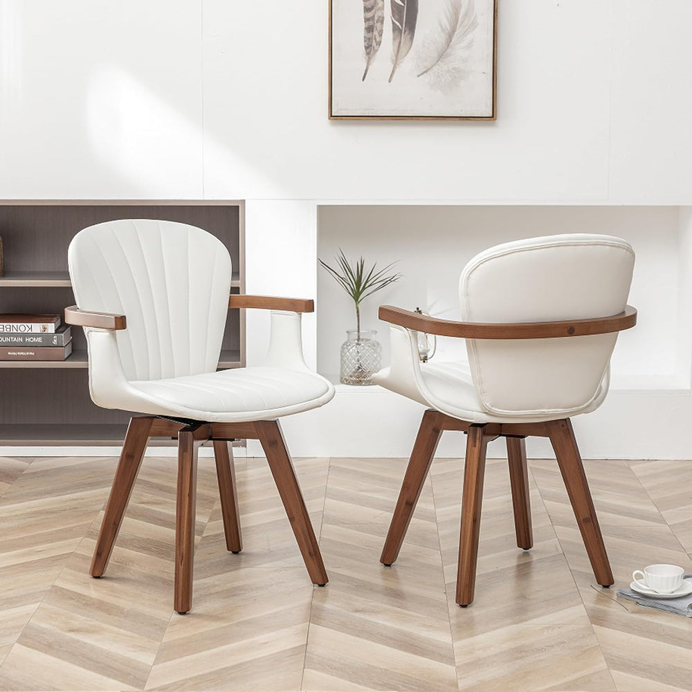 LUNLING Swivel Dining Room Chairs Set of 2,Mid Century Modern White Faux Leat...