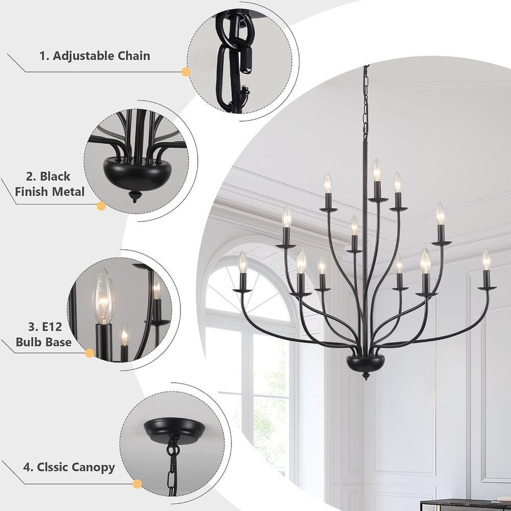 Black Chandelier 12 Light, Large Farmhouse Chandelier for Dining Room