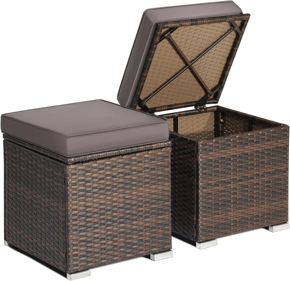 RELAX4LIFE Wicker Outdoor Storage Ottoman, 2-Piece Rattan Footstool w/Removab...