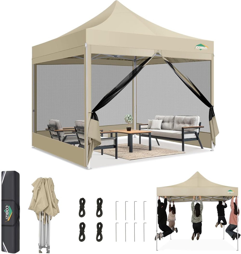 COBIZI 10x10 Heavy Duty Pop Up Canopy Tent with Mosquito Netting Sidewalls