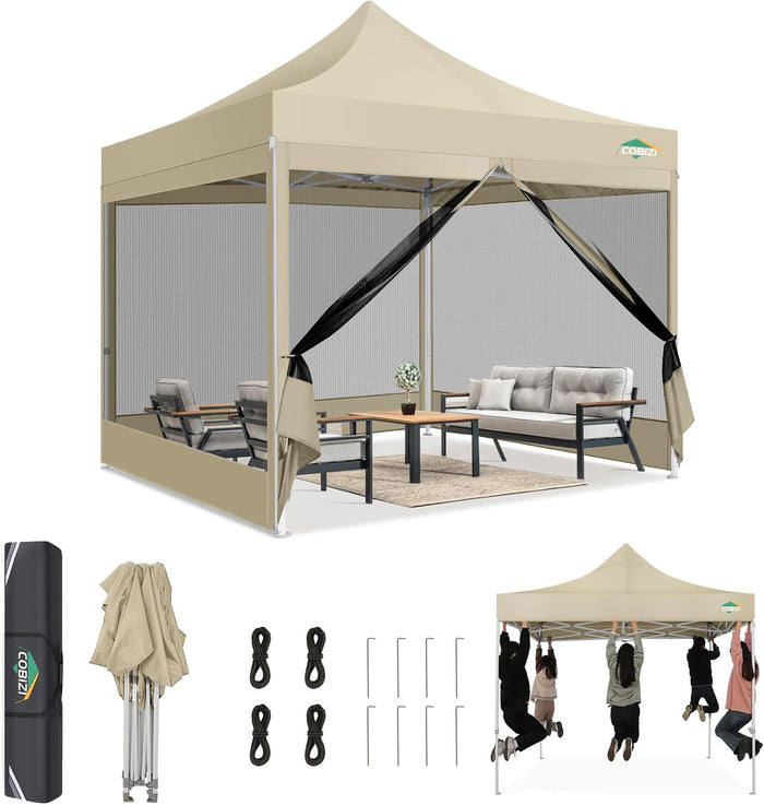 COBIZI 10x10 Heavy Duty Pop Up Canopy Tent with Mosquito Netting Sidewalls