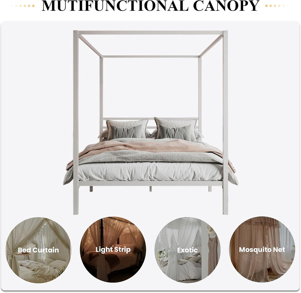 SHA CERLIN Queen Size Canopy Bed Frame with Heavy Duty Metal Slats, White