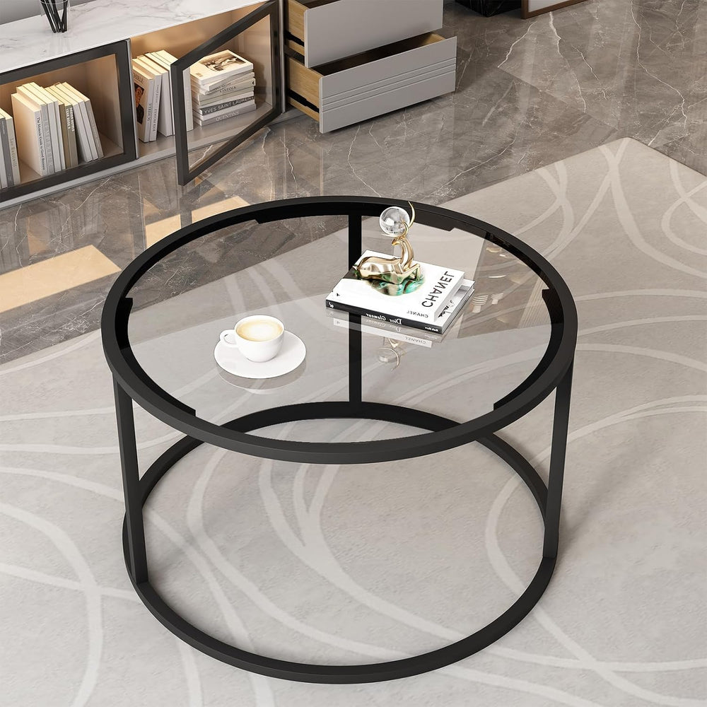 Round Coffee Table,Small Black Coffee Table for Living Room,27" Modern C...