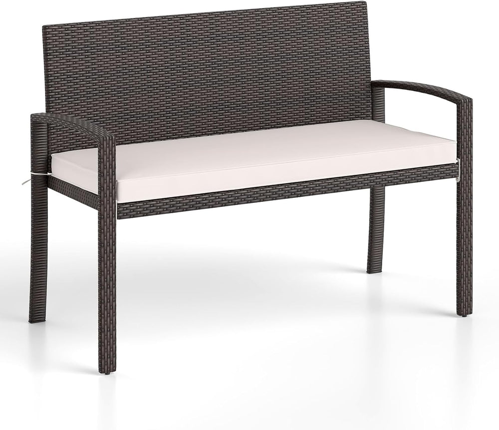 Tangkula Outdoor Rattan Bench, 2-Person Patio Loveseat with Removable Seat Cu...