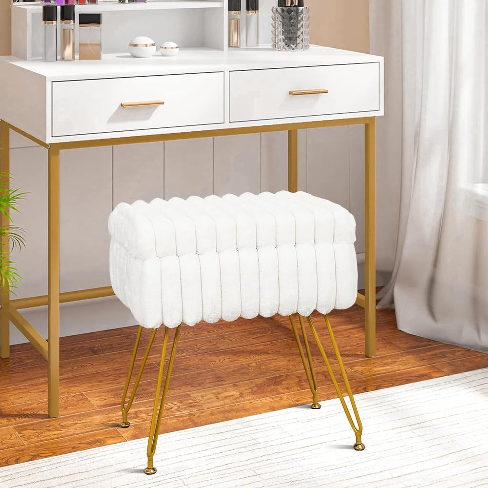 xuperbonus Faux Fur White Vanity Stool Chair with Storage Ottoman, Vanity Cha...