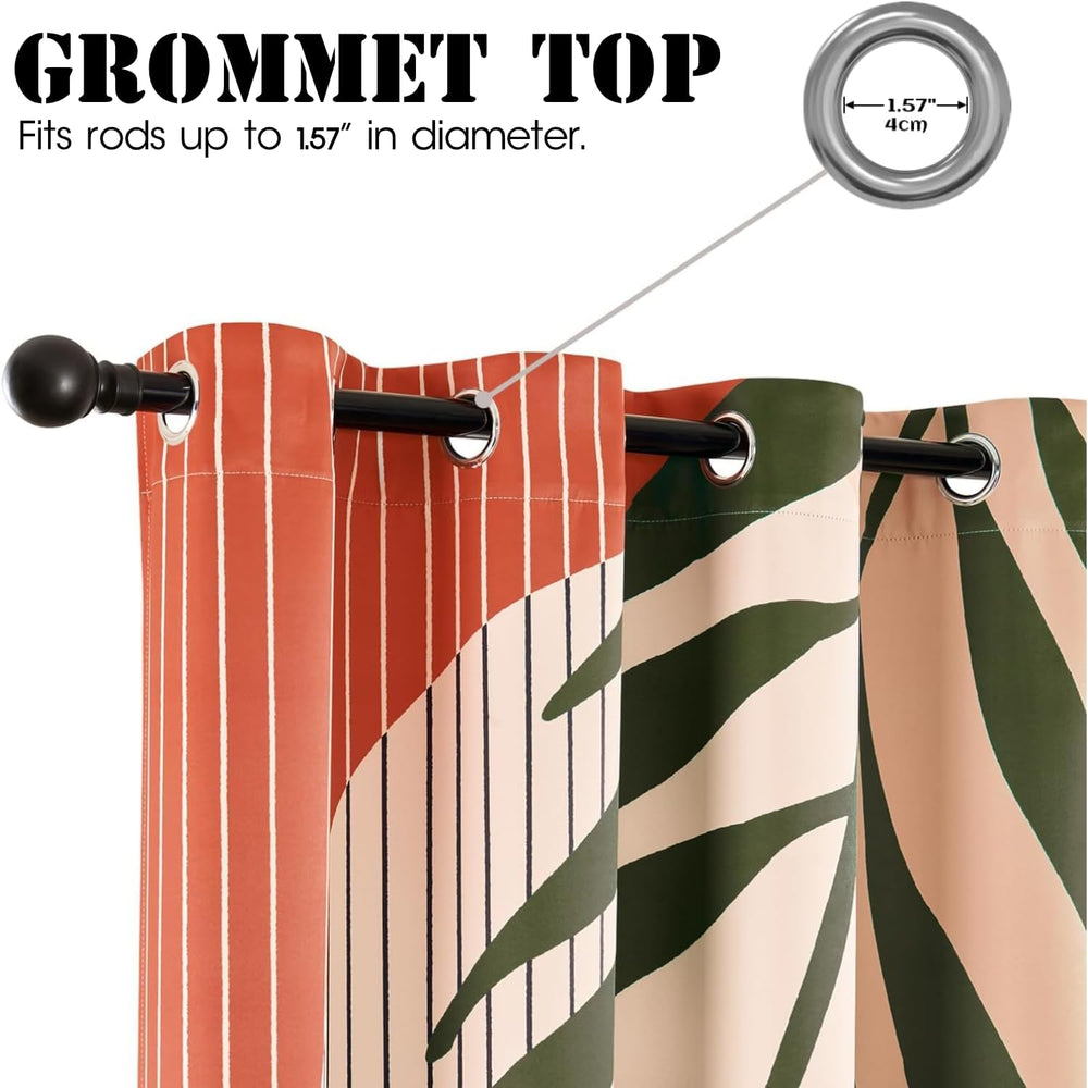 Mid Century Modern Boho Blackout Curtains, Leaf Print Drapes, 2 Panels