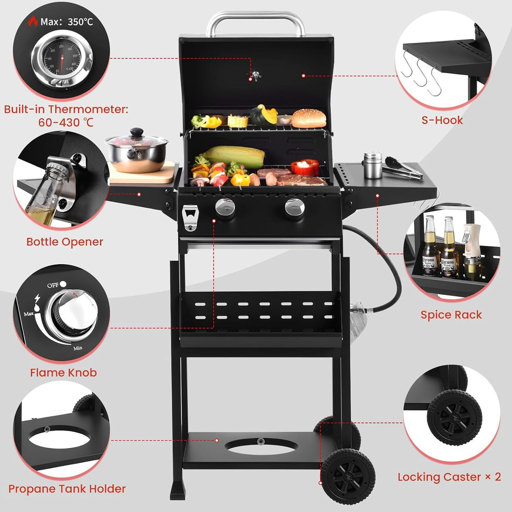 2-Burner Propane Gas Grill with Side Burner, Lid and Hooks