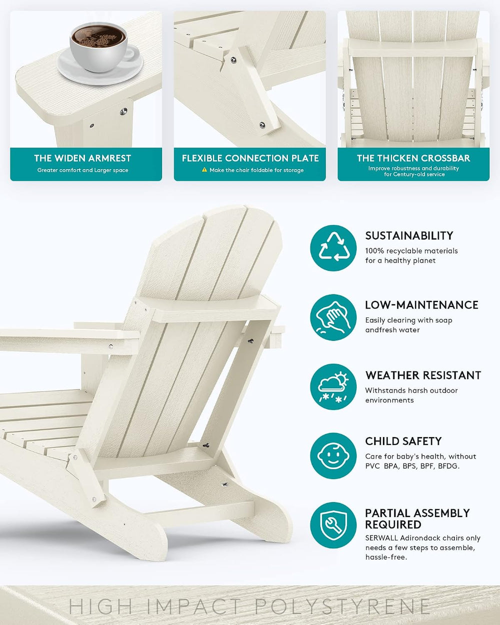 SERWALL Folding Adirondack Chair Set of 2 with Cup Holder, Fire Pit - White
