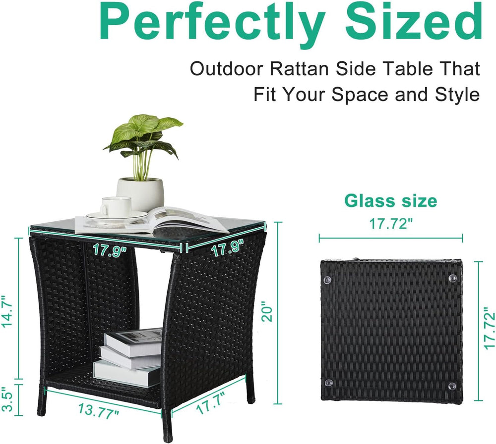 VINGLI Outdoor Wicker Side Table Patio Side Tables for Outside, Tempered Glas...