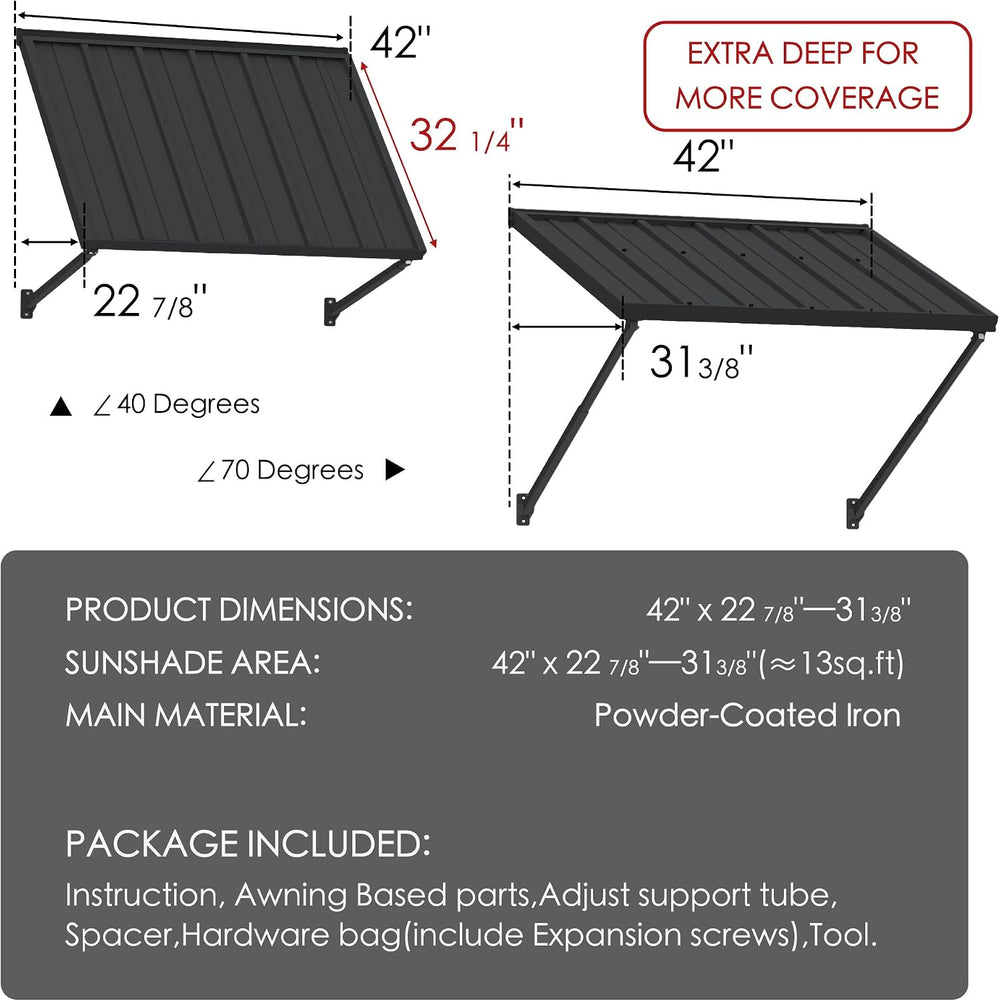 Kozyard Adjustable Door Window Awning – 4-Level Tilt, 42"W×32" Slop...