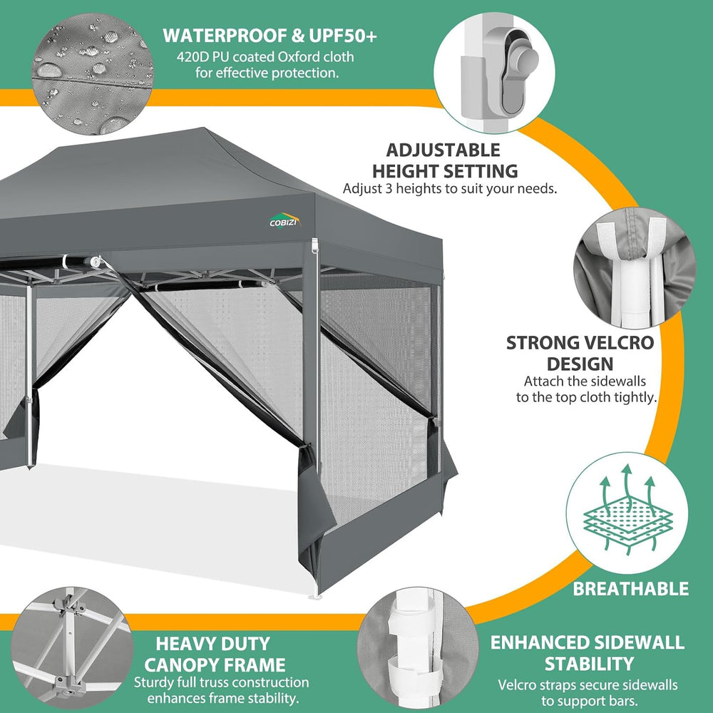 COBIZI 10x15 Heavy Duty Pop Up Canopy Tent with 4 Mosquito Netting Walls