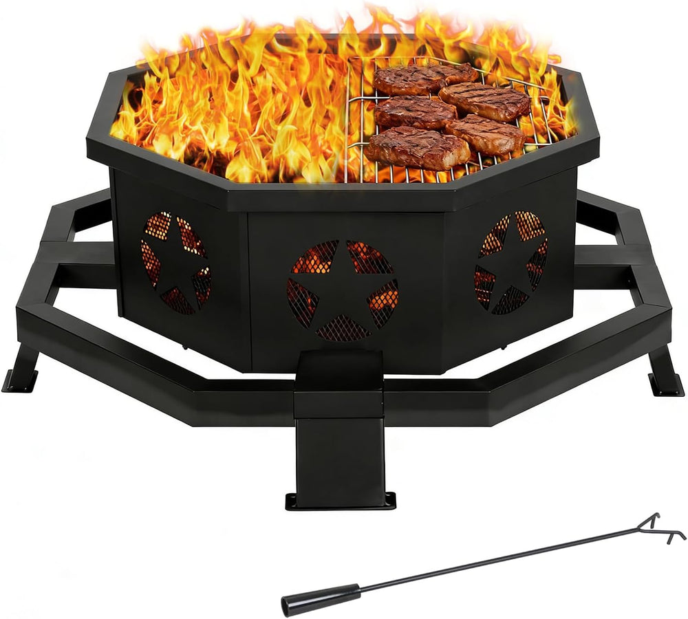 Hykolity 31 Inch Fire Pit, Octagonal Outdoor Fire Pit, 2 in 1 Wood Burning Fi...
