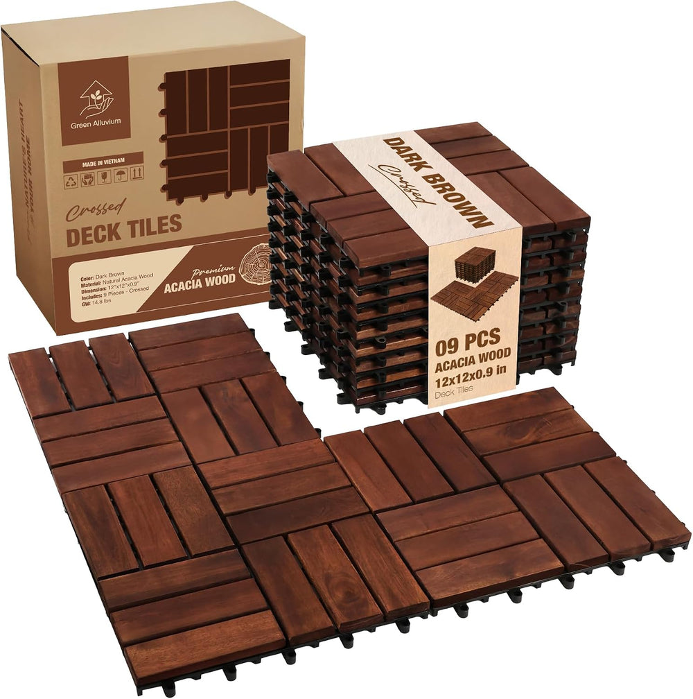 Acacia Wood Interlocking Deck Tiles, Patio & Backyard Tile, 12 in, 9 PCS