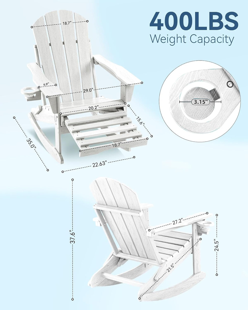 Adirondack Rocking Chair with Retractable Ottoman and Cup Holders, HDPE Adiro...