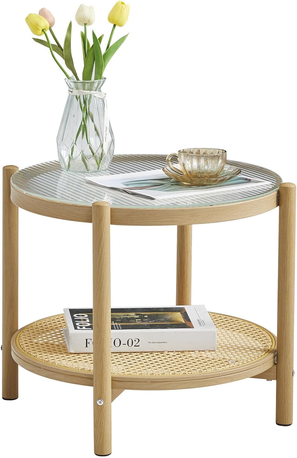 19.6" Boho Rattan Coffee Table, Round Tempered Glass Metal End Table