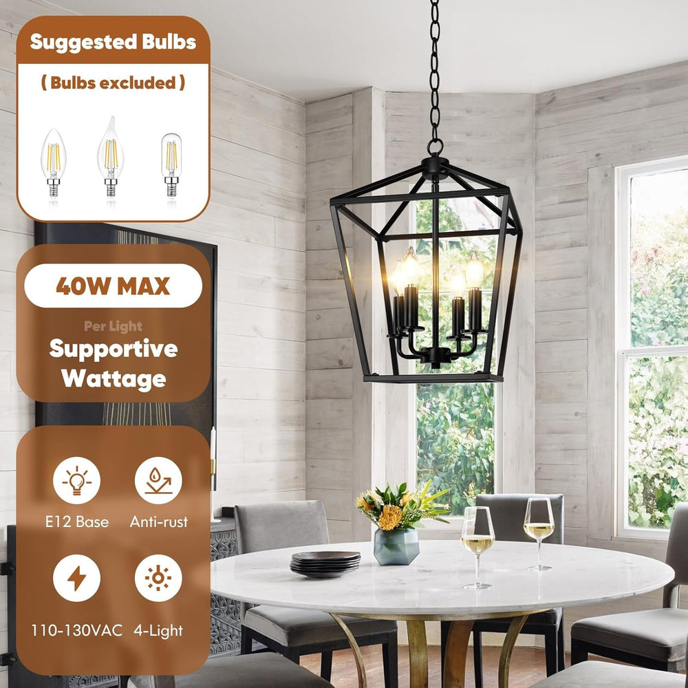 Black Farmhouse Chandelier, 4-Light Foyer Lighting Fixtures for Dining Room