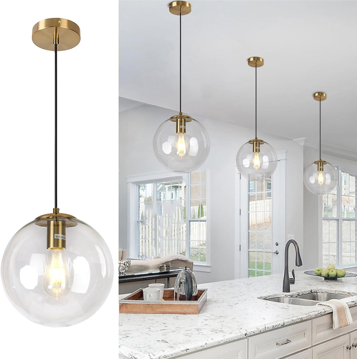 10" gold globe pendant light mid century modern, main product view
