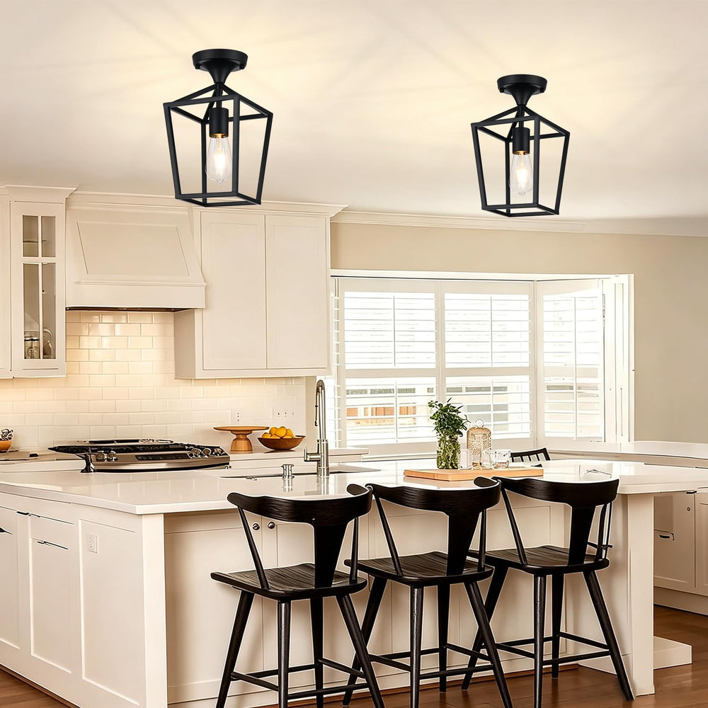 Flush Mount Ceiling Light Fixture, Matte Black Industrial Farmhouse Cage
