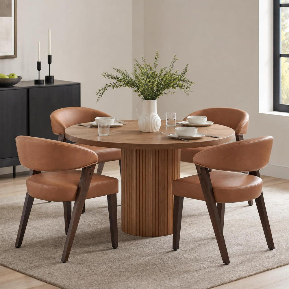 CIMOTA Modern Dining Chairs with Arms Set of 6, PU Brown, Walnut Wood