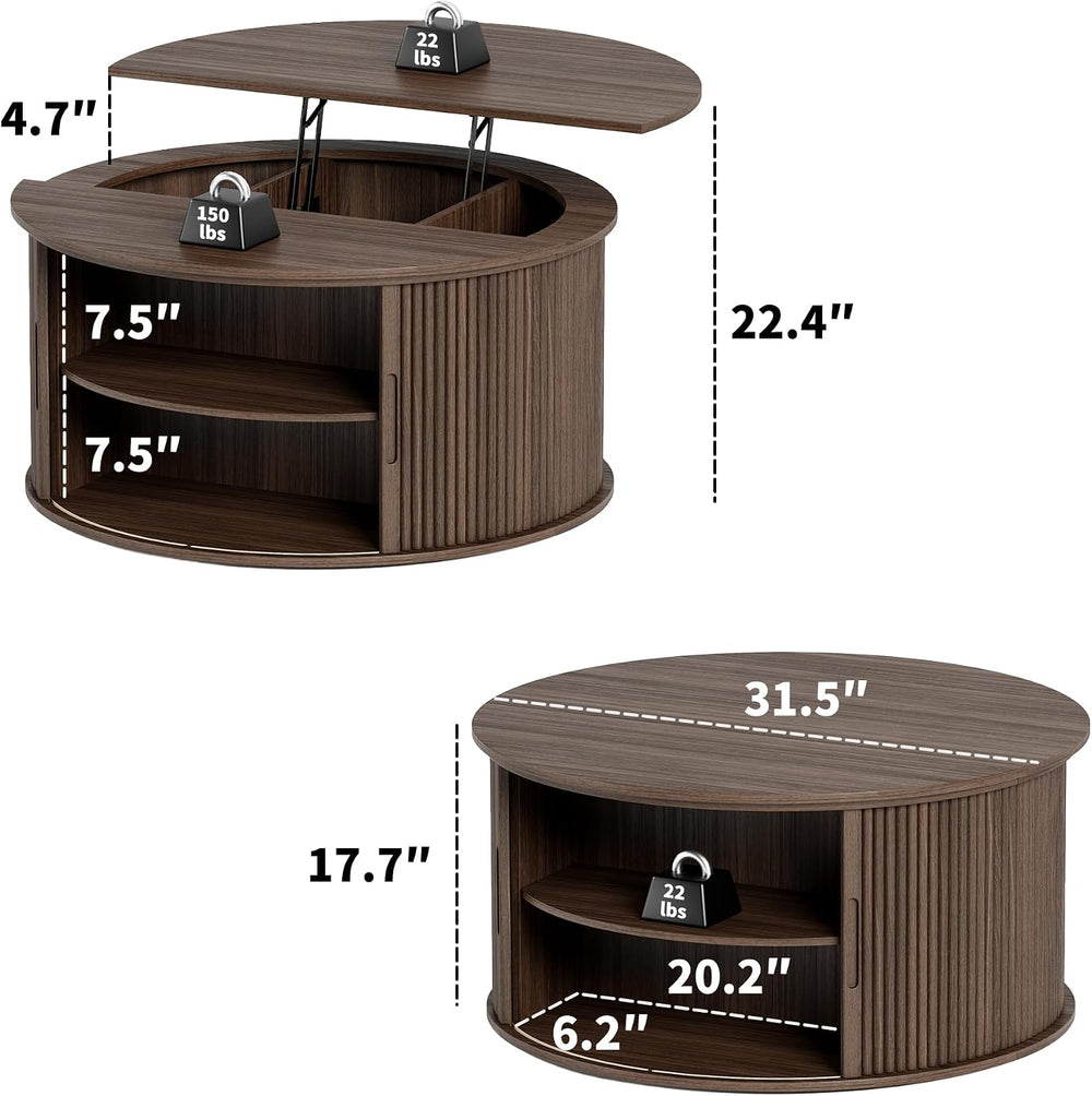 Round Lift Top Coffee Table, 31.5'' Fluted Coffee Table with Hidden S...