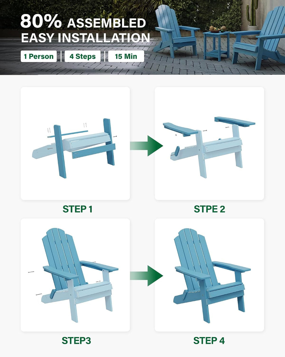 MXIMU Folding Adirondack Chairs Set of 8, Easy to Assemble Plastic Chair