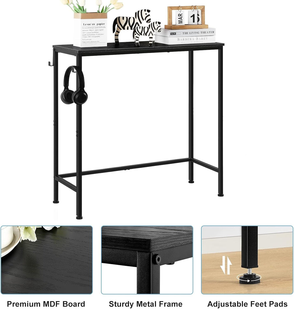 Black Modern Narrow Entryway Table - Skinny Sofa Table with Hooks for Living ...