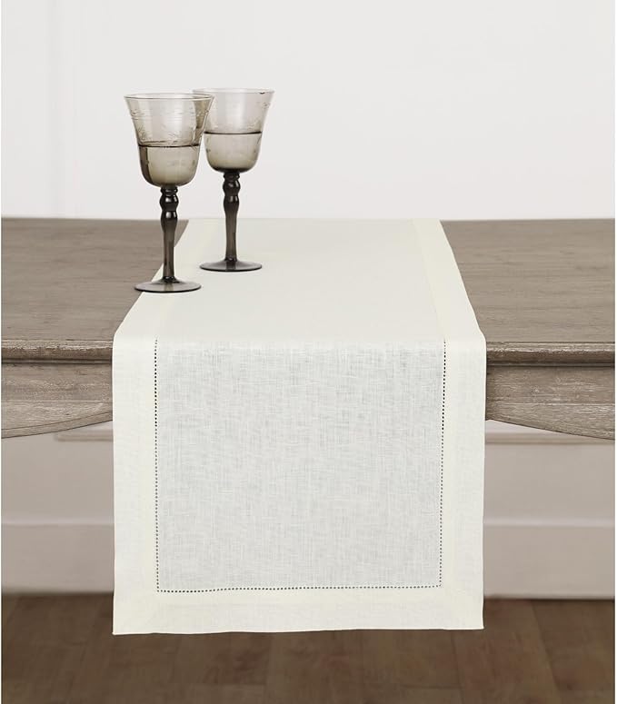 Solino Home Linen Ivory Table Runner 72 Inches Long - 100% Pure Linen Hemstit...
