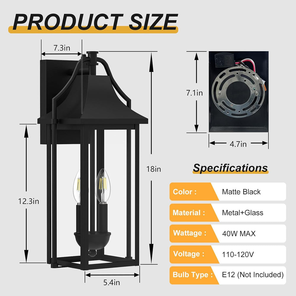 18IN Dusk to Dawn Outdoor Wall Sconce, 2-E12 Base Porch Light