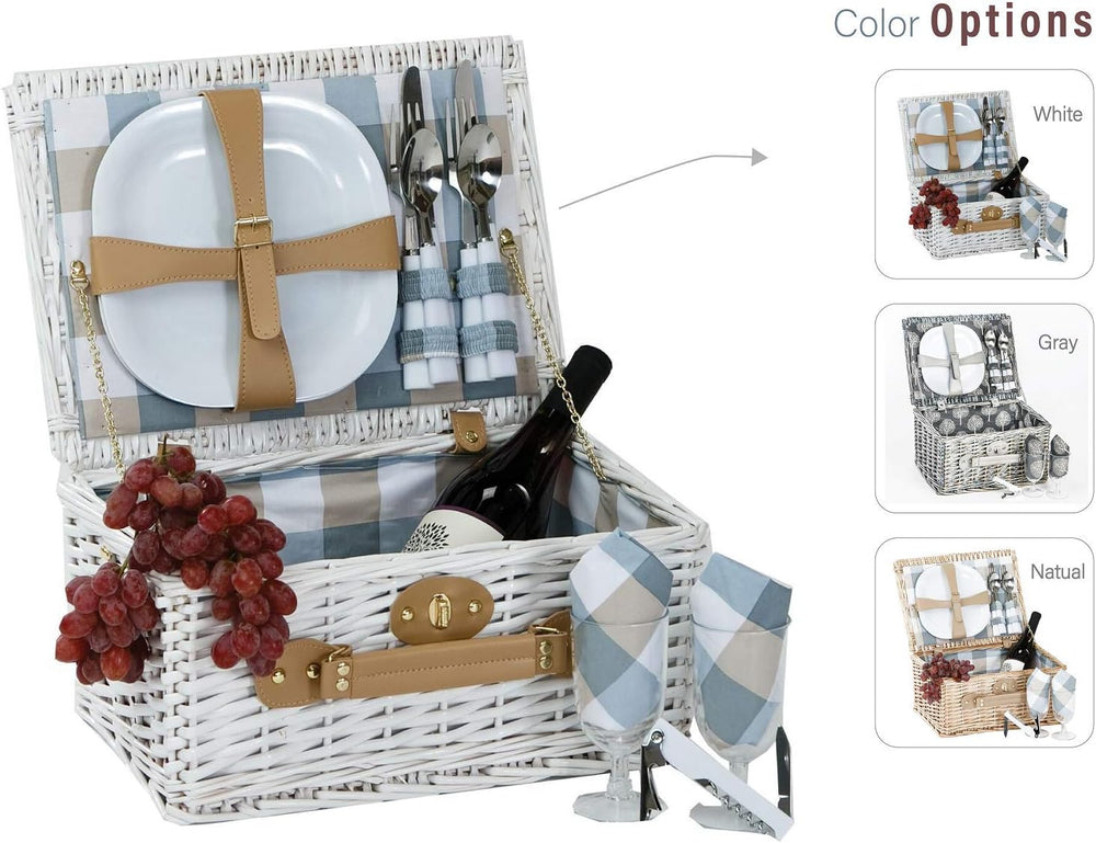Boothbay White 2 Person Willow Picnic Basket Set with Plates Flatware Wine Gl...