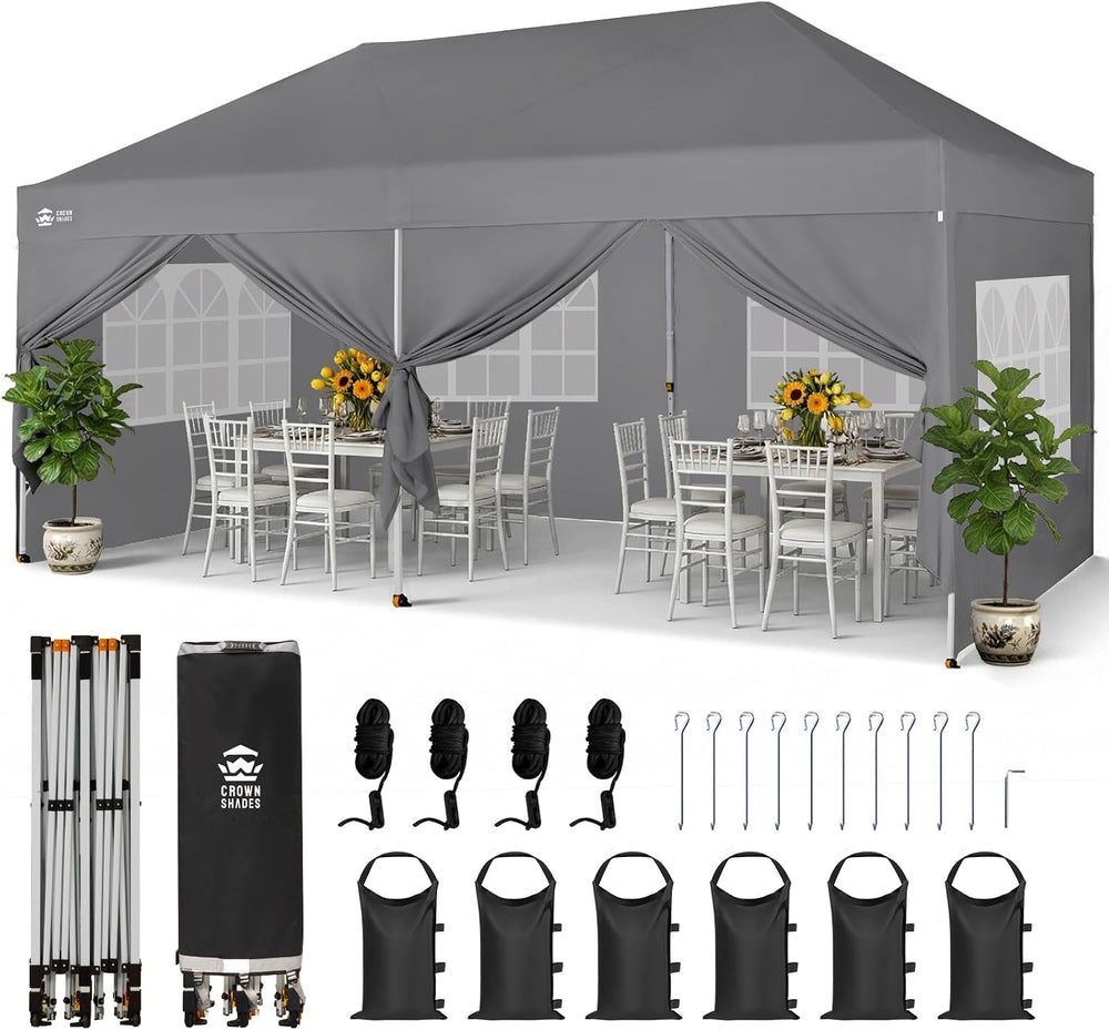 CROWN SHADES 10X20 Pop Up Canopy Tent with Sidewalls, Instant Setup, Gray