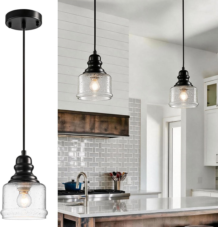WILON Industrial Pendant Light, 4'' Black Seeded Glass, Farmhouse Kitchen Island Lighting, Adjustable Ceiling Light for Dining Room, E26 Bulb Base, Dimmable
