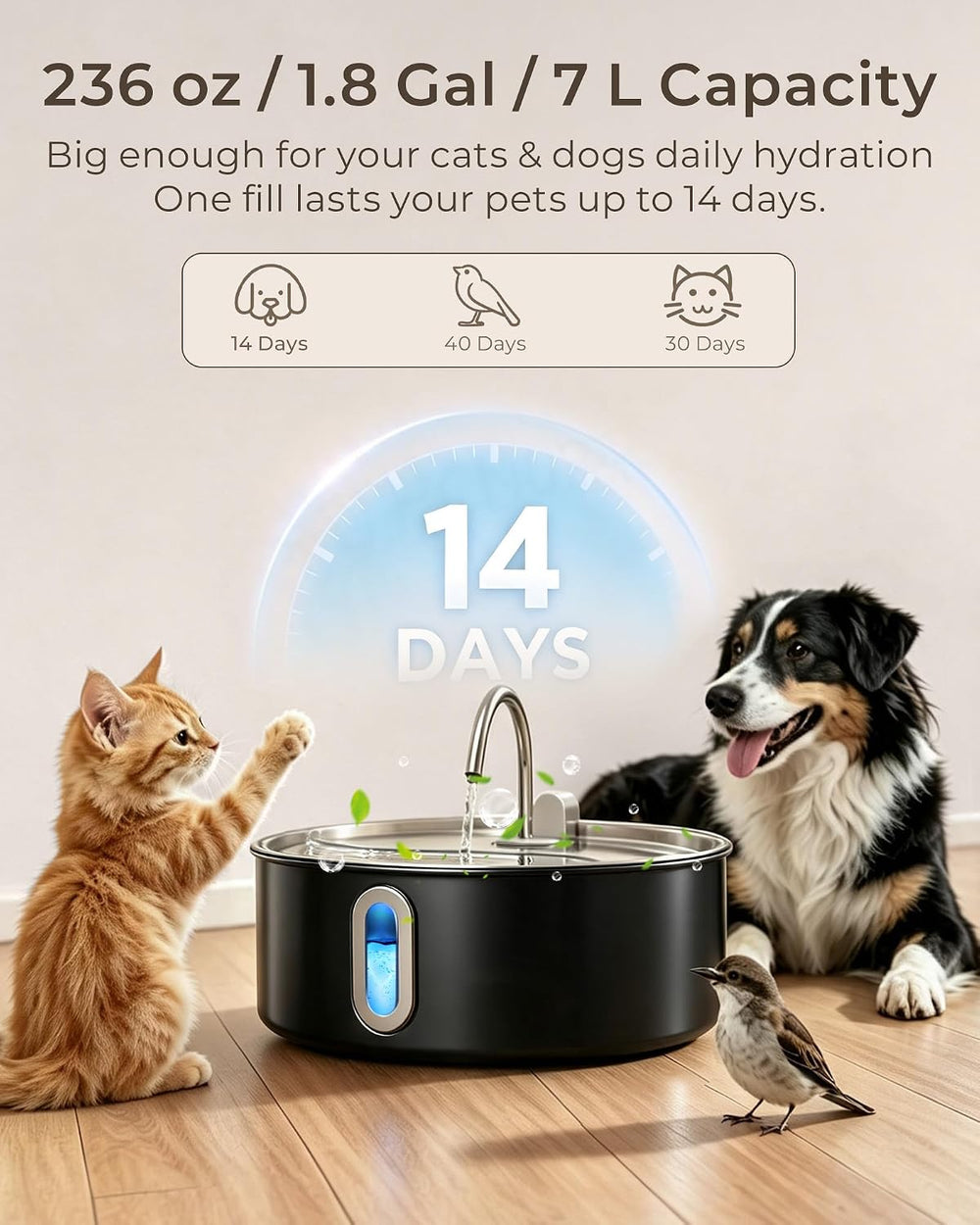 Smartoo 7L/236oz Stainless Steel Large Dog Water Fountain Matte Black