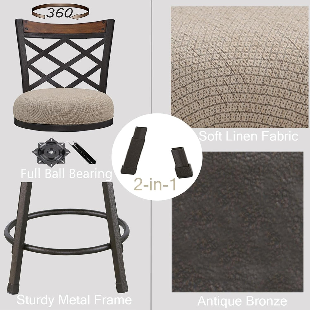 KORZEY Swivel Bar Stools Set of 2, 25/30 Inch Adjustable Beige Fabric Bar Cha...