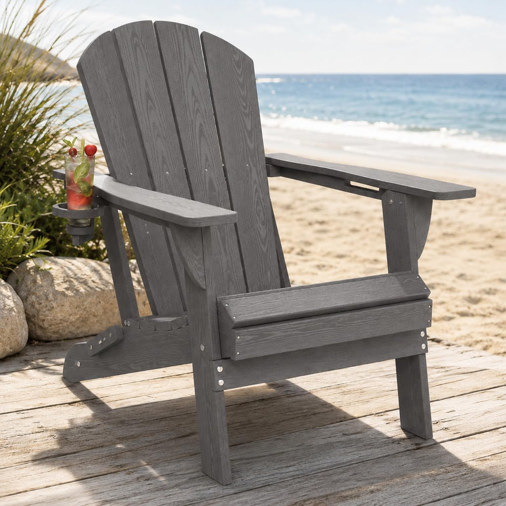 Folding Adirondack Chair with Cup Holder and Phone Holder, Heavy Duty HDPE Pl...