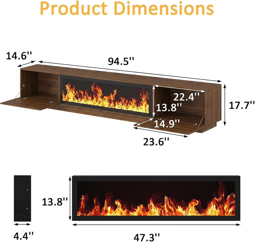 94.5" Fireplace TV Stand, Fluted TV Stands for Living Room, Walnut
