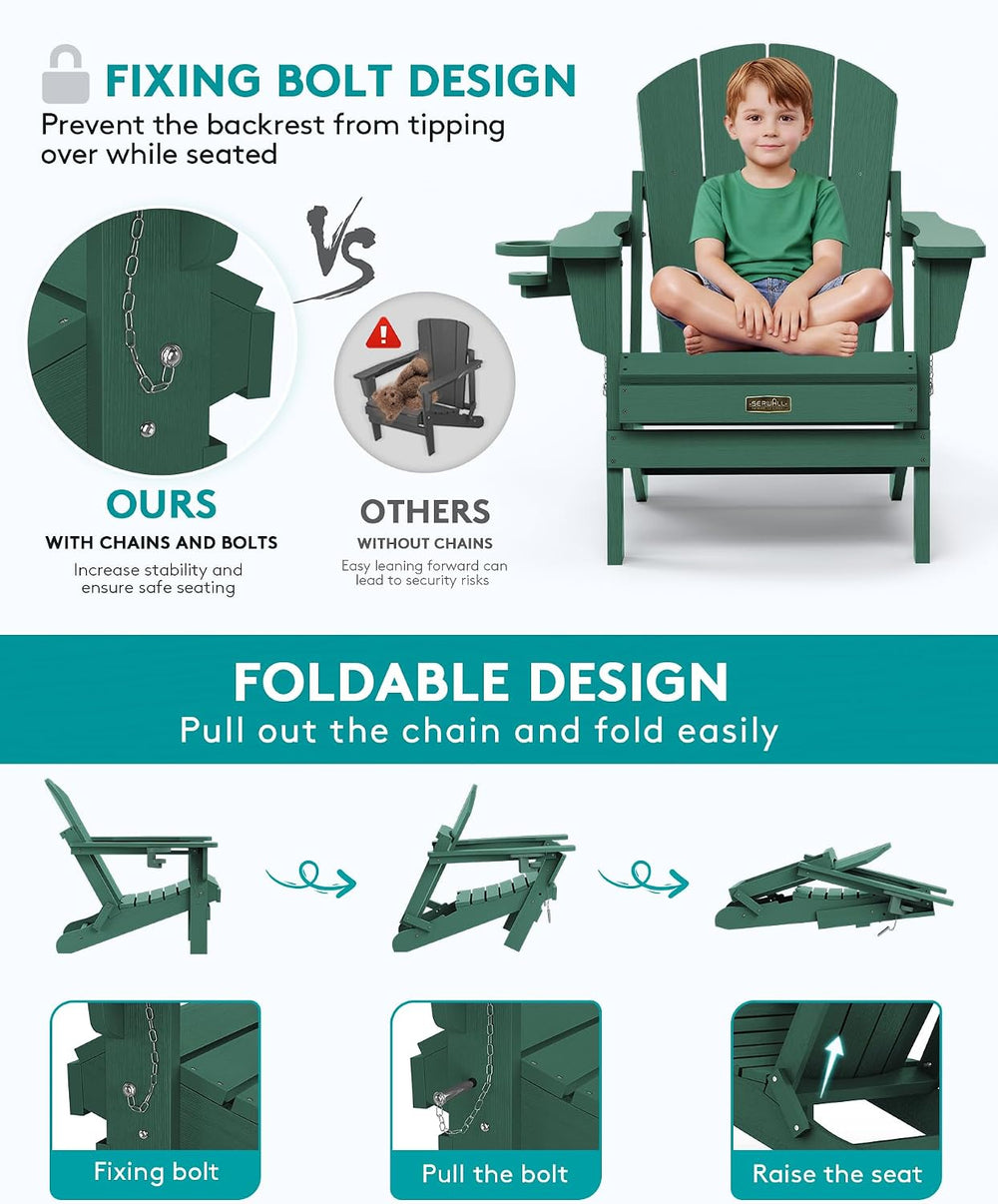SERWALL Folding Adirondack Chair with Cup Holder, Outdoor Fire Pit - Green