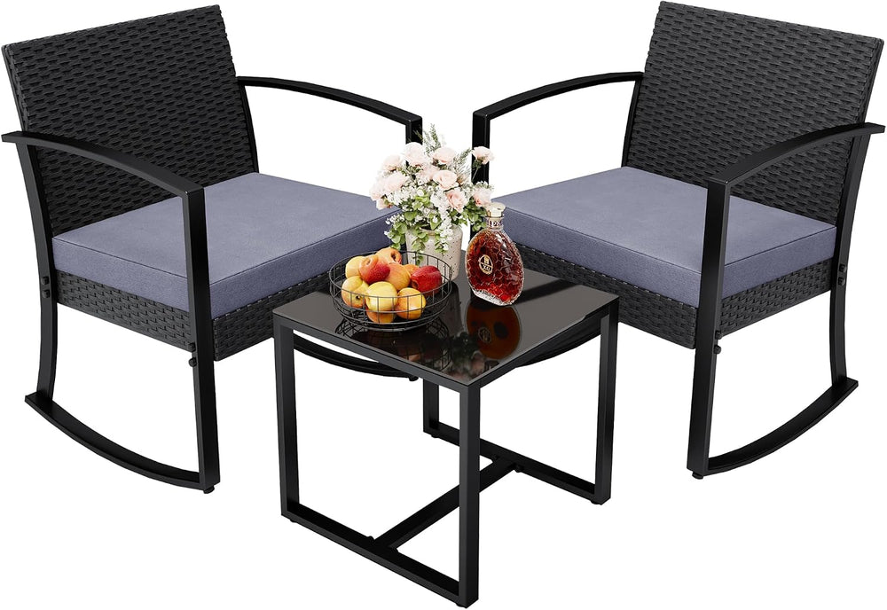 Greesum 3 Pieces Outdoor Furniture Set Patio Bistro Rocking Chairs with Glass...