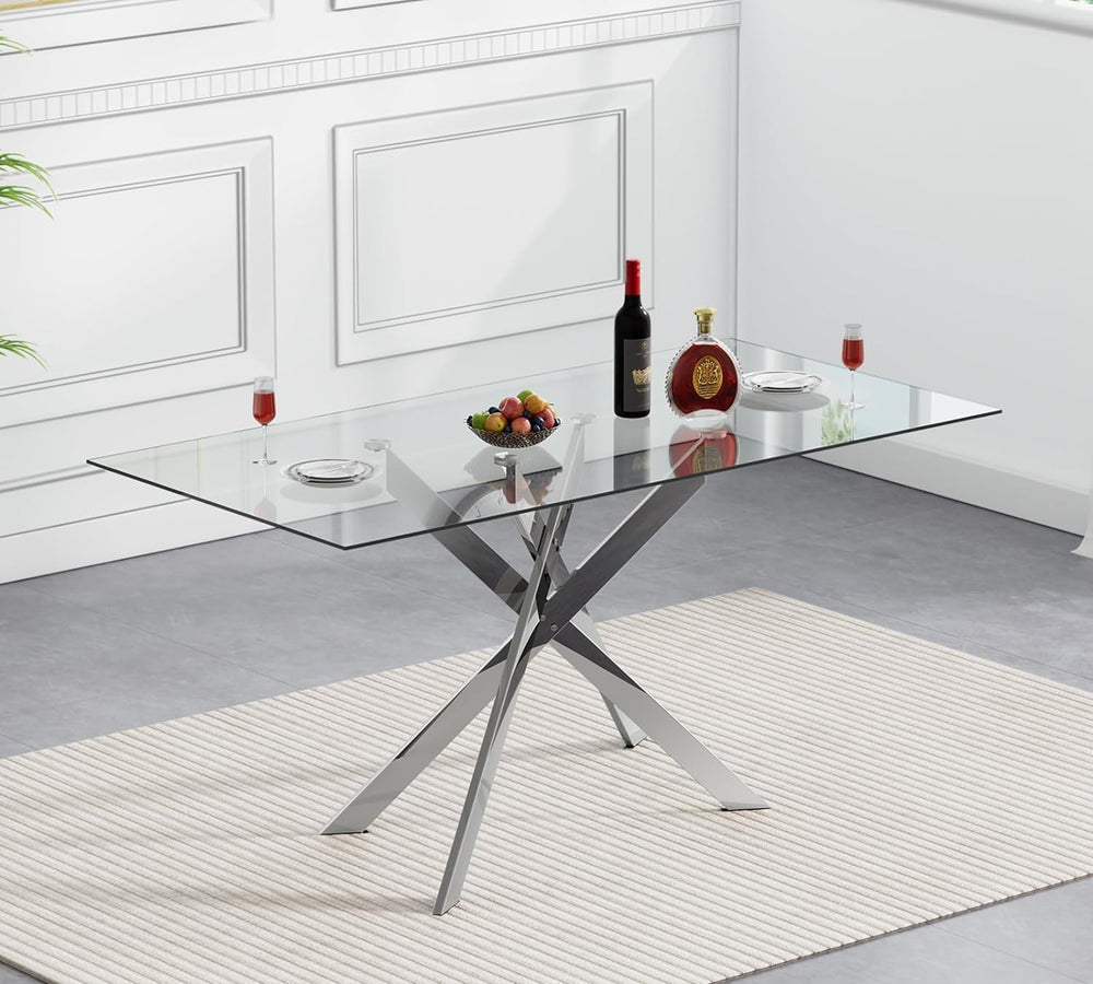 5 Piece Modern Dining Table Set of 4, 51" Tempered Glass Rectangle Dinin...