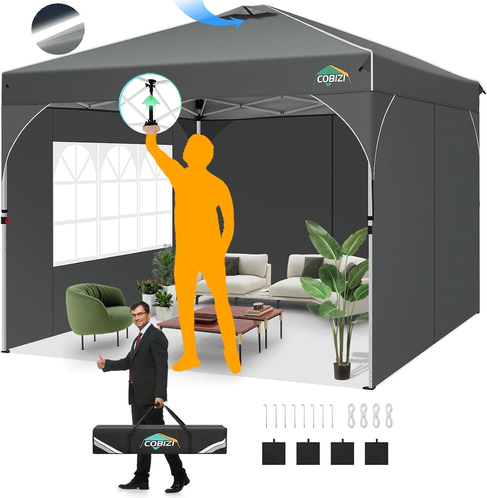COBIZI 10x10 Pop Up Canopy with 3 Sidewalls, 1-Person Setup, Waterproof