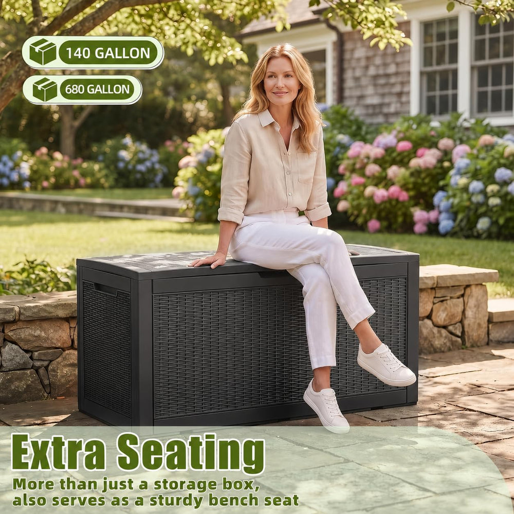 140 Gallon Deck Box, Lockable Waterproof Resin Storage Box, Black