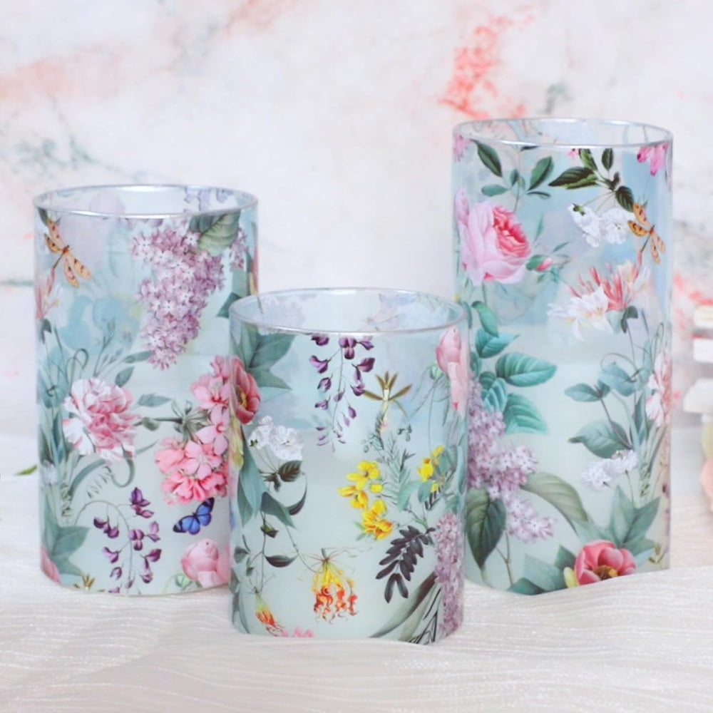 Glass Flameless Candles with Remote Timer Floral Battery Operated LED Flicker...