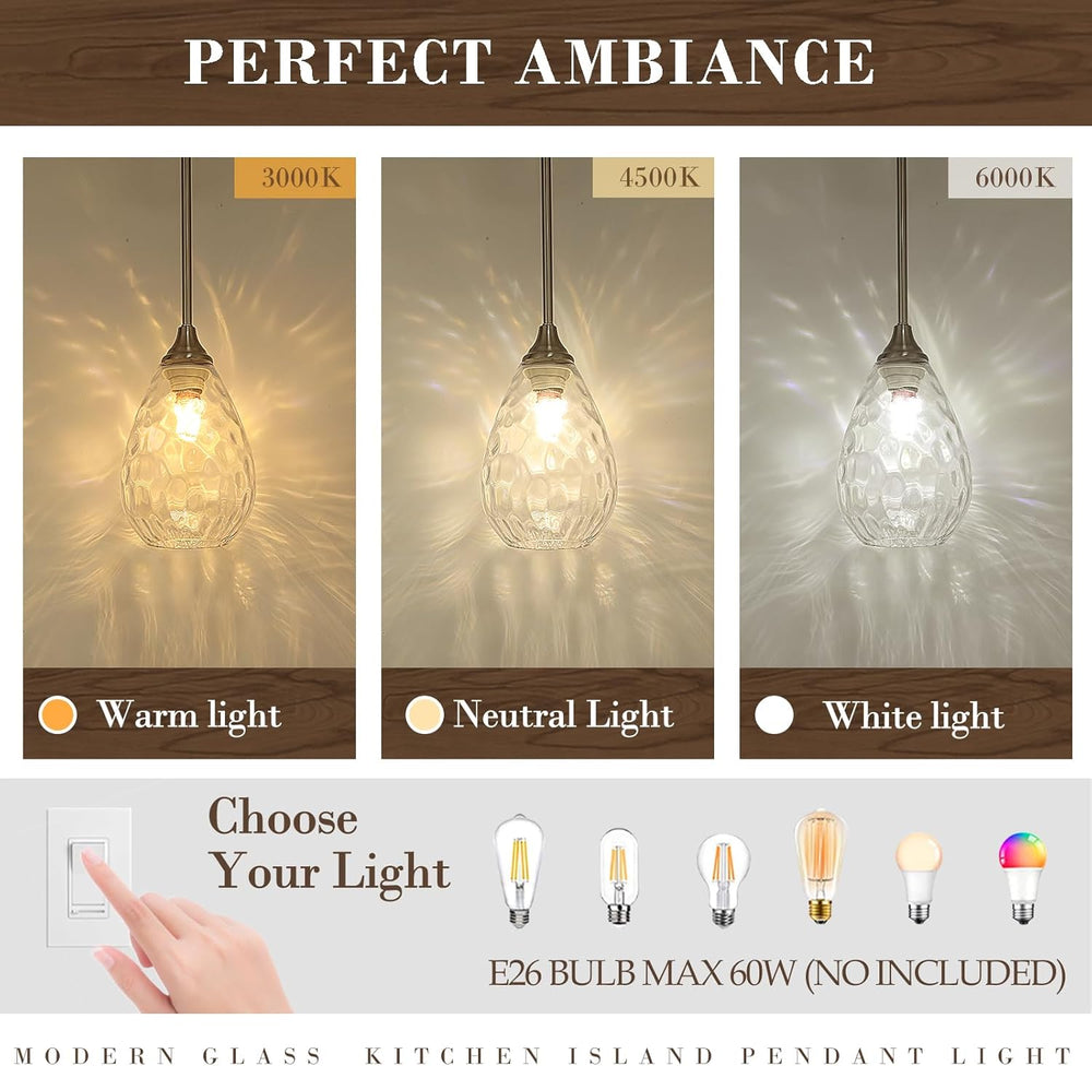 Glass Pendant Lights Kitchen Island, 1-Light Modern Brushed Nickel Pendant Li...