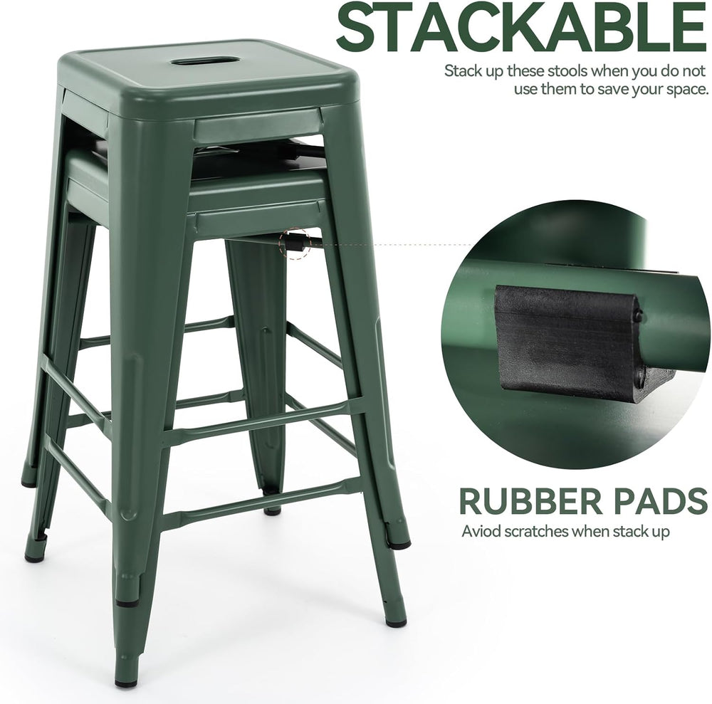 24 Inch Metal Bar Stools Set of 2, Stackable for Indoor Outdoor, Dark Green