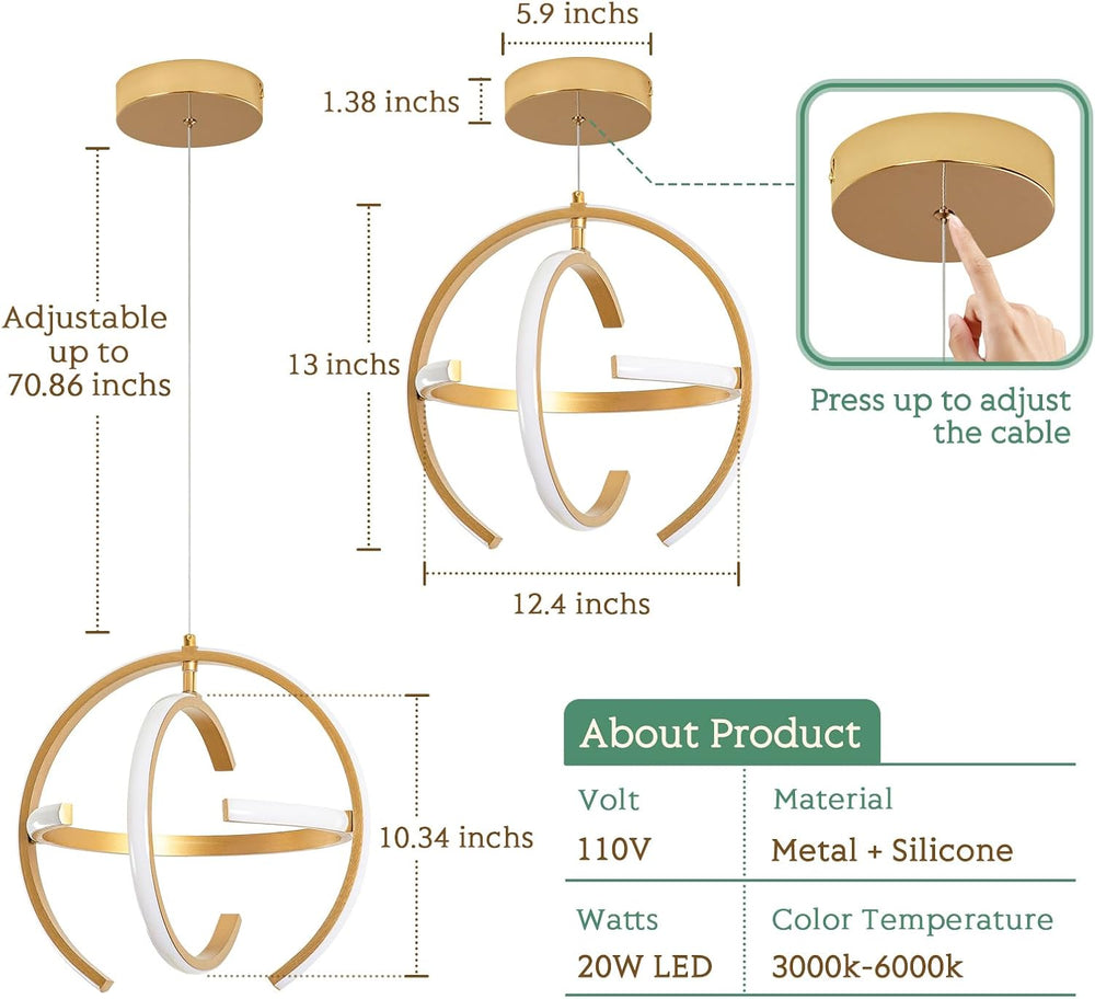 KELUOLY Modern Gold LED Chandelier, Dimmable Metal Brushed Globe Pendant Ligh...