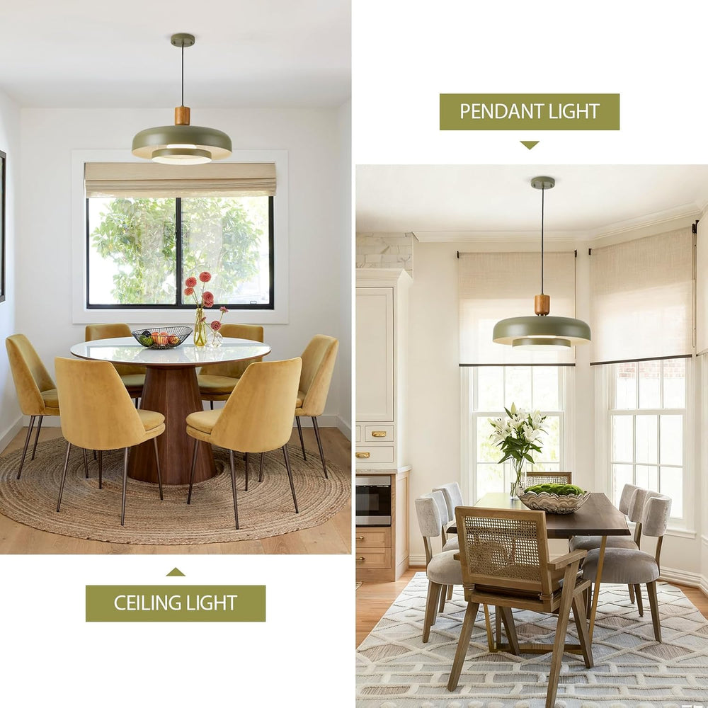 Mid Century Pendant Light 19.68", Natural Wood Brass, Deep Green