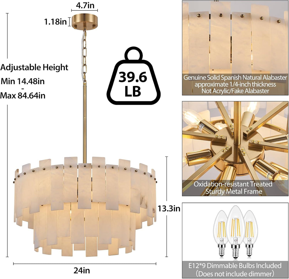24" Alabaster Chandelier for Living Room, 2-Tier Round Brass Chandelier