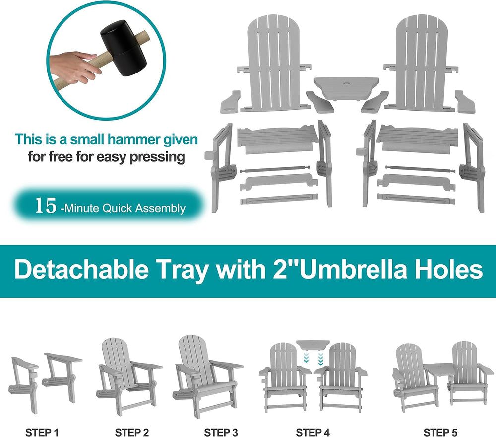 JY QAQA Outdoor Adirondack Chair Set of 2, All-Weather HDPE Patio Furniture w...